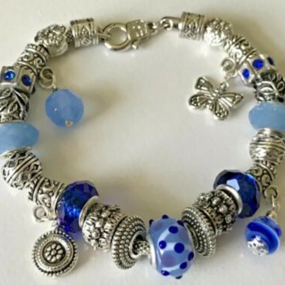 Hand Crafted Jewelry - European Style Silver Plated Charm Bracelet with Beads, Lobster Closure, 9" Long